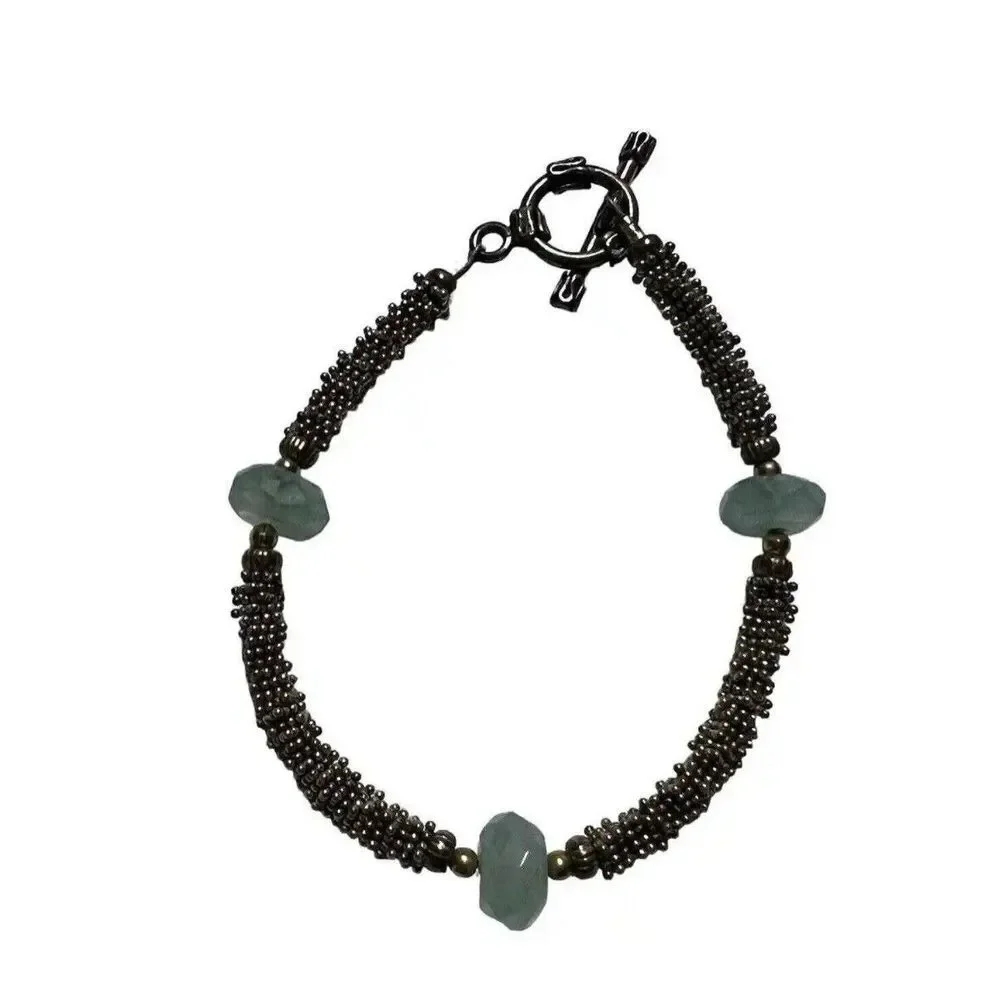 Silver Tone Beaded Toggle Bracelet with Faceted Seafoam Green Accent Beads 8in
